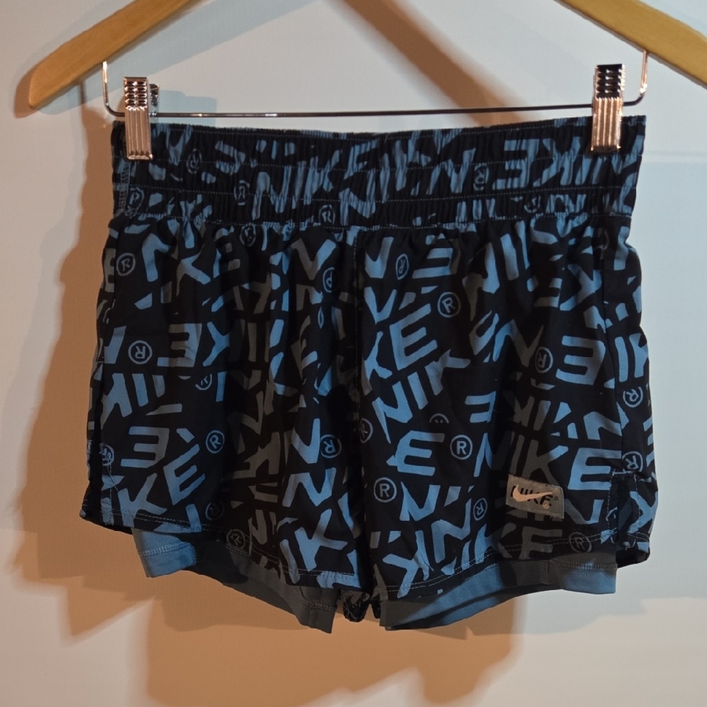 Nike Black and Blue Athletic Shorts with Geometric Pattern